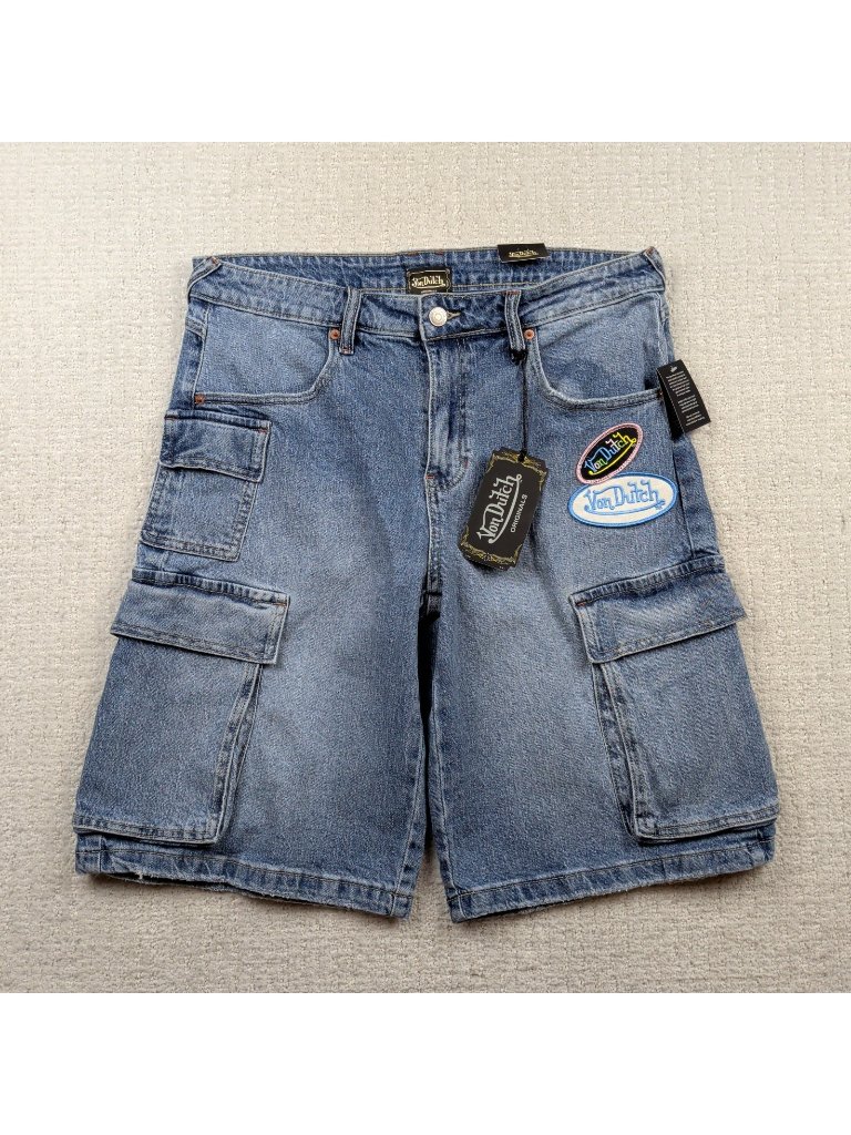 Y2k Von Dutch Originals Cargo Baggy Shorts Patch Denim Jeans Skater Sz 29/9 Nwt
